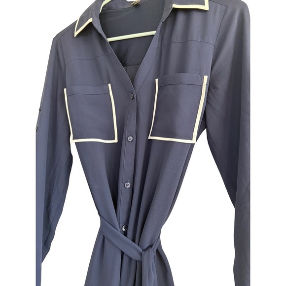 Express Navy Blue Shirt Dress White Trim Long Sleeve Belted Small S - Picture 4 of 6